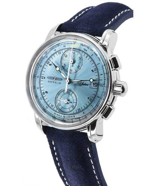 Zeppelin 100 Jahre Chronograph Leather Strap Ice Blue Dial Quartz 86704 Men's Watch