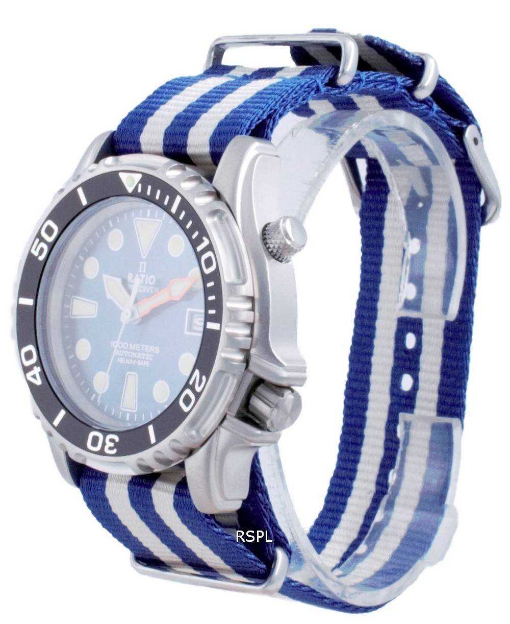Ratio Free Diver Helium Safe Nylon Automatic Diver's 1066KE20-33VA-BLU-var-NATO2 1000M Men's Watch