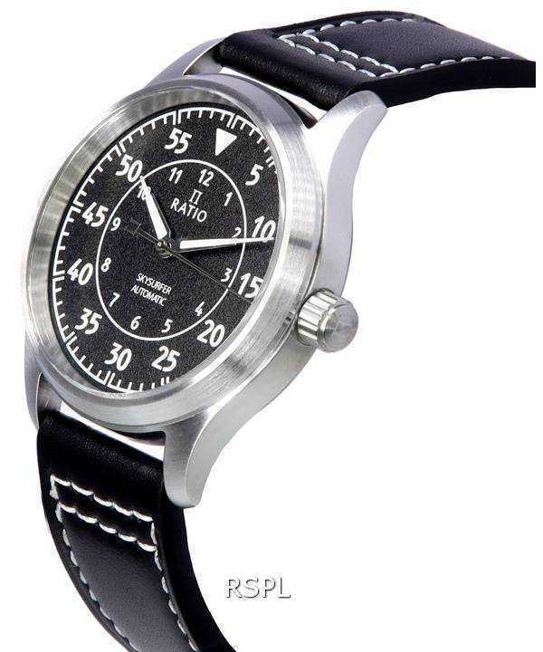 Ratio Skysurfer Pilot Black Textured Dial Leather Automatic RTS320 200M Mens Watch