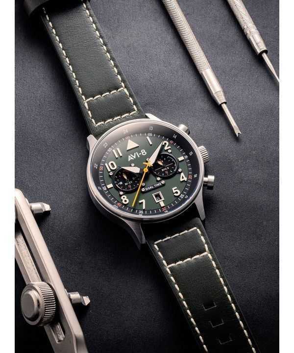 AVI-8 Hawker Hurricane Carey Dual Time Merville Green Dial Quartz AV-4088-02 Mens Watch