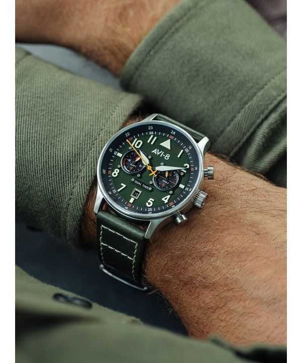 AVI-8 Hawker Hurricane Carey Dual Time Merville Green Dial Quartz AV-4088-02 Mens Watch