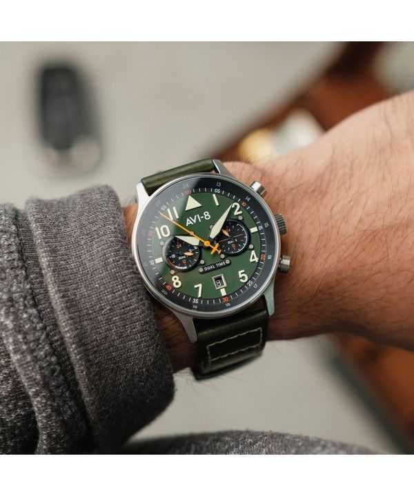 AVI-8 Hawker Hurricane Carey Dual Time Merville Green Dial Quartz AV-4088-02 Mens Watch