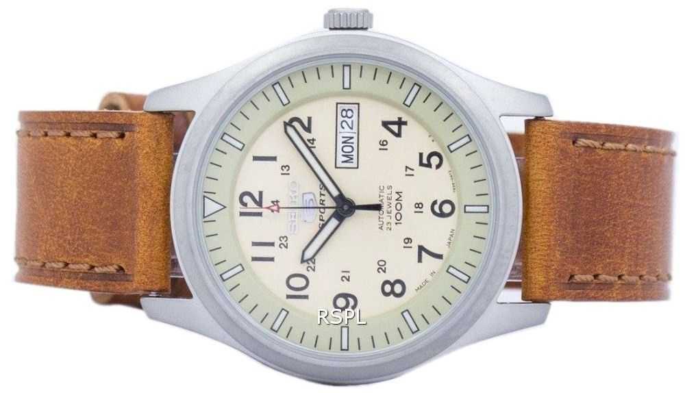 Seiko 5 Sports Military Automatic Japan Made Ratio Brown Leather SNZG07J1-LS9 Men's Watch