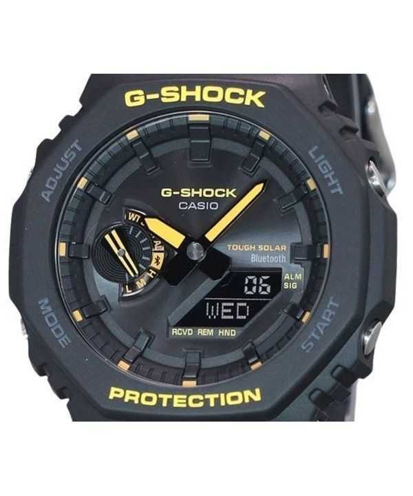 Casio G-Shock Caution Yellow Mobile Link Analog Digital Resin Strap Black Dial Solar GA-B2100CY-1A 200M Mens Watch