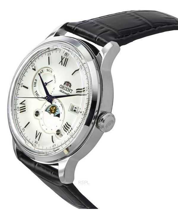 Orient Bambino Version 9 Sun And Moon Phase Leather Strap White Dial Automatic RA-AK0802S10B Men's Watch
