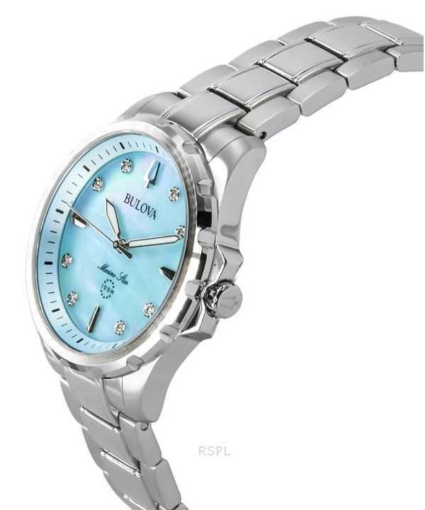 Bulova Marine Star Diamond Accents Stainless Steel Blue Mother Of Pearl Dial Quartz 96P248 100 Women's Watch