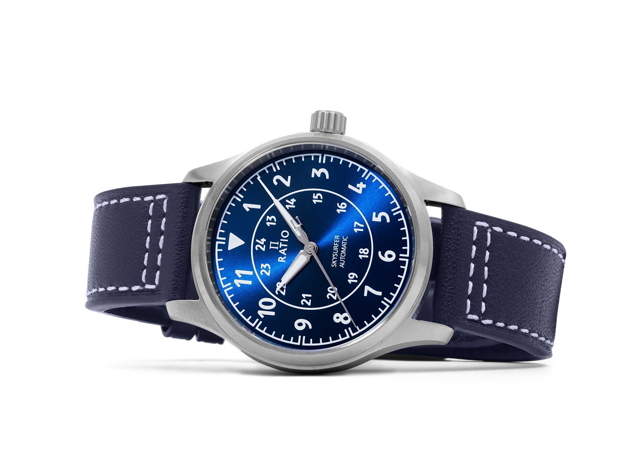Ratio Skysurfer Pilot Blue Sunray Dial Leather Automatic RTS309 200M Mens Watch